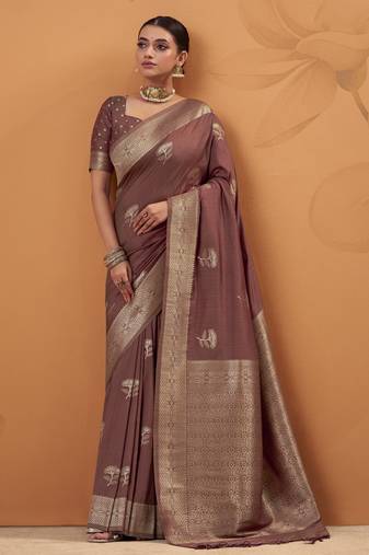 brown tissue silk blend woven saree with unstitched blouse piece