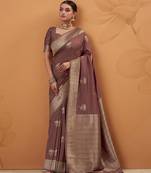 brown tissue silk blend woven saree with unstitched blouse piece