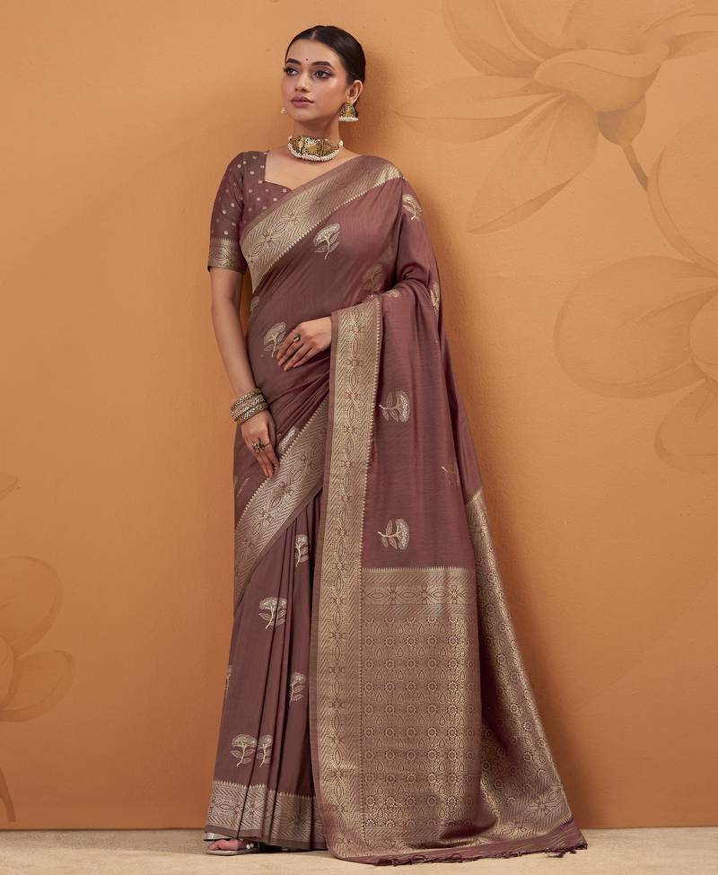 brown tissue silk blend woven saree with unstitched blouse piece