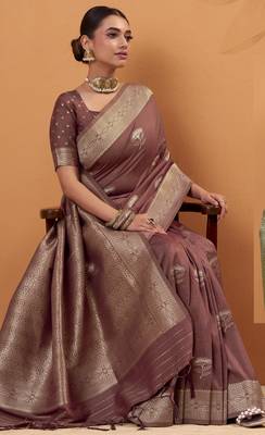 brown tissue silk blend woven saree with unstitched blouse piece 2