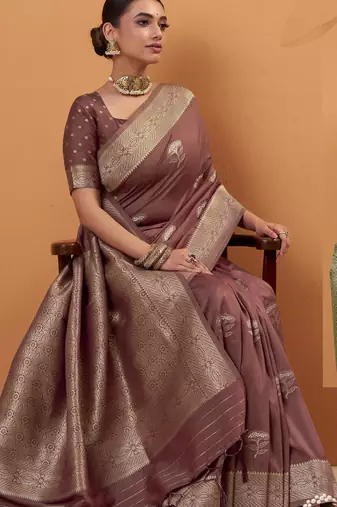 brown tissue silk blend woven saree with unstitched blouse piece
