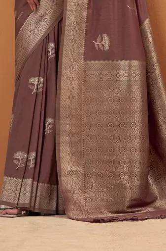 brown tissue silk blend woven saree with unstitched blouse piece