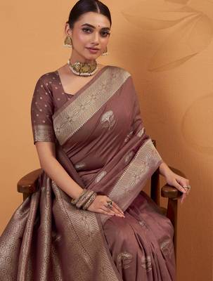 brown tissue silk blend woven saree with unstitched blouse piece 4