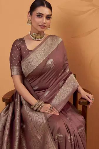 brown tissue silk blend woven saree with unstitched blouse piece