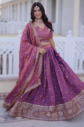 PINK YSL Silk Lehenga Choli Dupatta Set with Zari & Sequins Embroidery