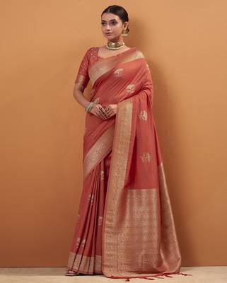orange tissue silk blend woven saree with unstitched blouse piece 1