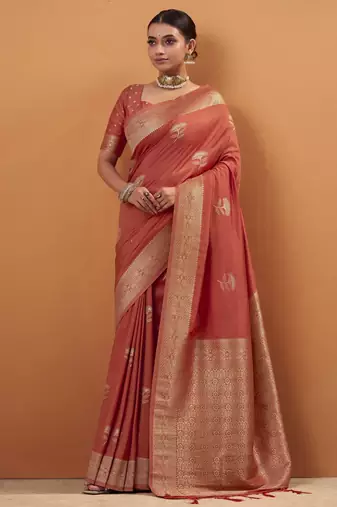 orange tissue silk blend woven saree with unstitched blouse piece
