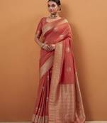 orange tissue silk blend woven saree with unstitched blouse piece