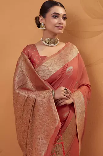 orange tissue silk blend woven saree with unstitched blouse piece