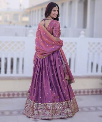 PINK YSL Silk Lehenga Choli Dupatta Set with Zari & Sequins Embroidery 2