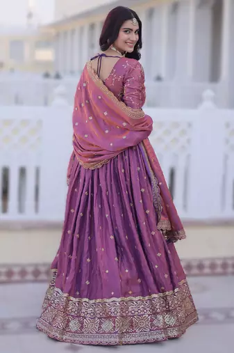 PINK YSL Silk Lehenga Choli Dupatta Set with Zari & Sequins Embroidery