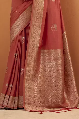 orange tissue silk blend woven saree with unstitched blouse piece