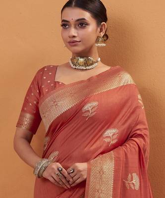 orange tissue silk blend woven saree with unstitched blouse piece 4