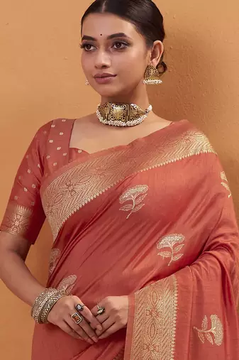 orange tissue silk blend woven saree with unstitched blouse piece