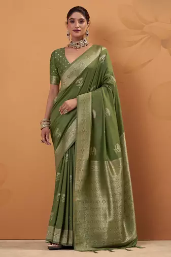 green tissue silk blend woven saree with unstitched blouse piece