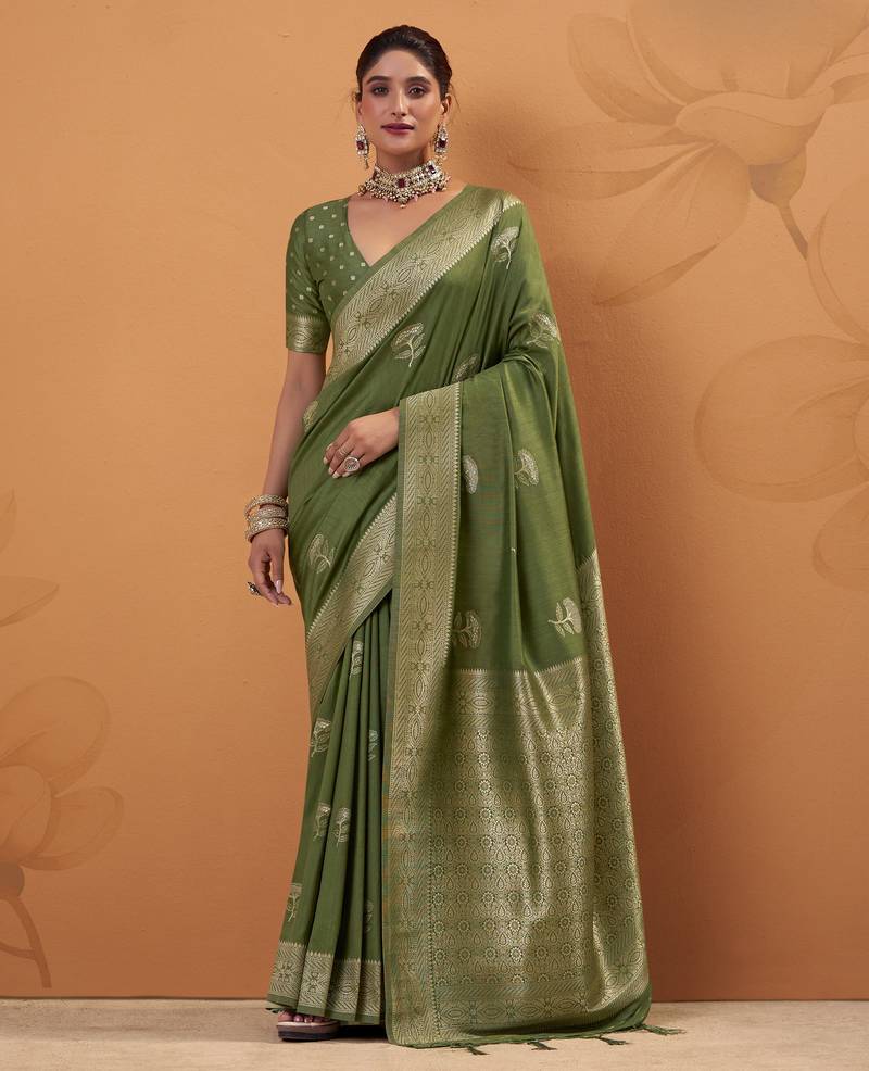 green tissue silk blend woven saree with unstitched blouse piece