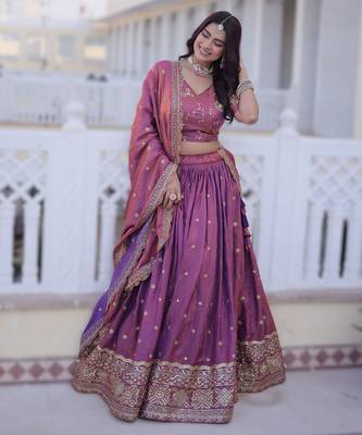 PINK YSL Silk Lehenga Choli Dupatta Set with Zari & Sequins Embroidery 3