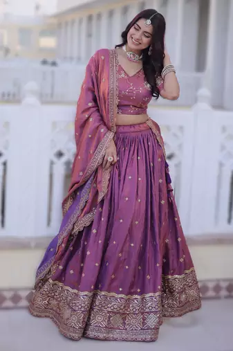 PINK YSL Silk Lehenga Choli Dupatta Set with Zari & Sequins Embroidery