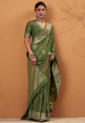 green tissue silk blend woven saree with unstitched blouse piece 2