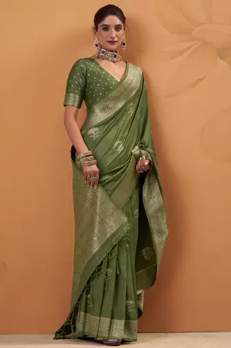 green tissue silk blend woven saree with unstitched blouse piece