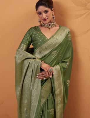 green tissue silk blend woven saree with unstitched blouse piece 3