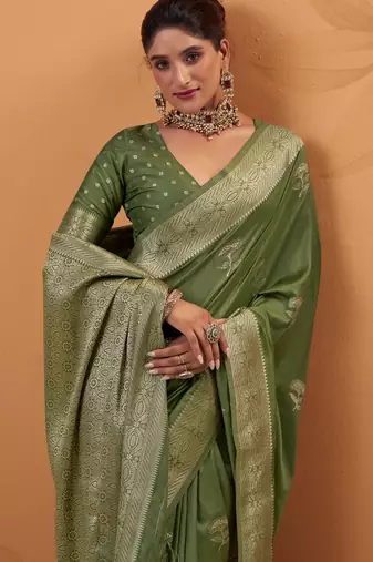 green tissue silk blend woven saree with unstitched blouse piece