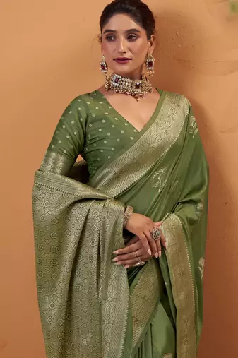green tissue silk blend woven saree with unstitched blouse piece
