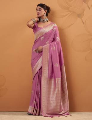 pink tissue silk blend woven saree with unstitched blouse piece 1