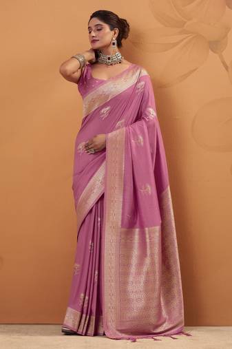 pink tissue silk blend woven saree with unstitched blouse piece