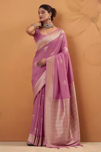 pink tissue silk blend woven saree with unstitched blouse piece