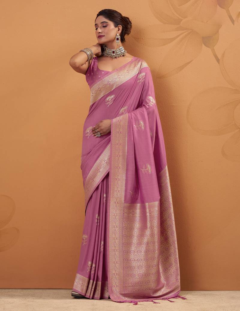 pink tissue silk blend woven saree with unstitched blouse piece