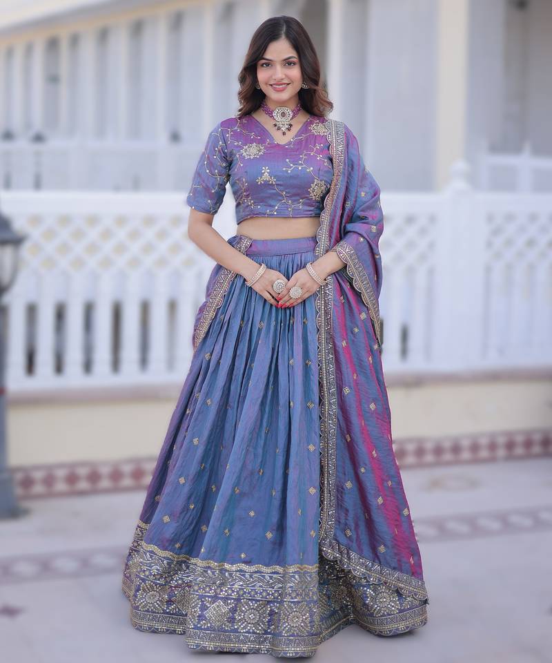 blue silk lehenga choli with zari work
