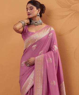 pink tissue silk blend woven saree with unstitched blouse piece 2