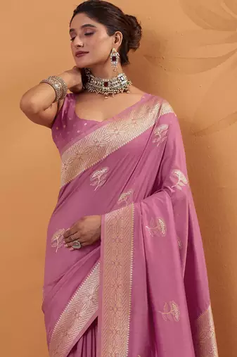 pink tissue silk blend woven saree with unstitched blouse piece