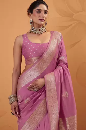 pink tissue silk blend woven saree with unstitched blouse piece
