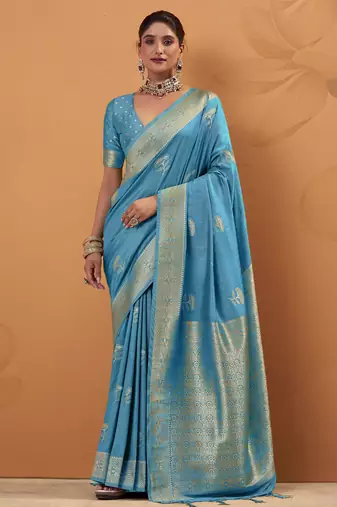 blue tissue silk blend woven saree with unstitched blouse piece