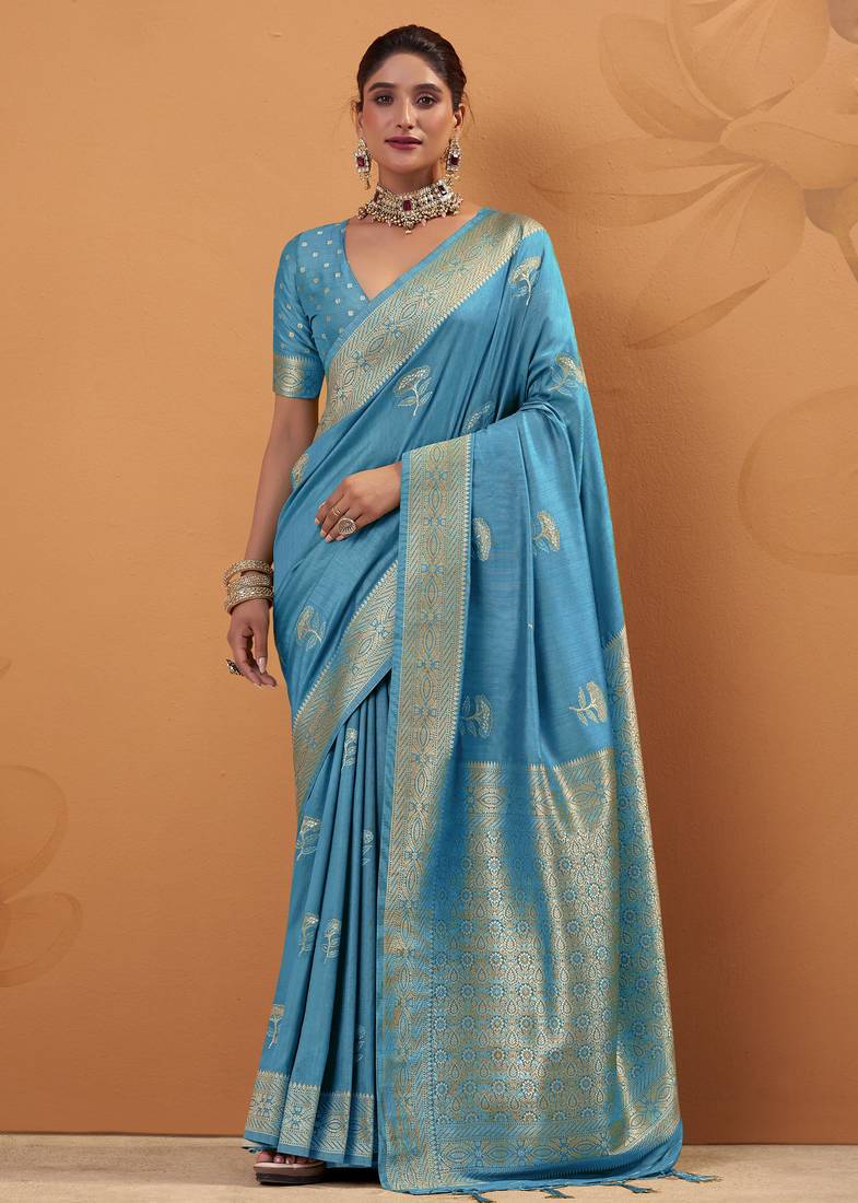 blue tissue silk blend woven saree with unstitched blouse piece