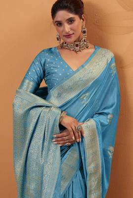 blue tissue silk blend woven saree with unstitched blouse piece 2