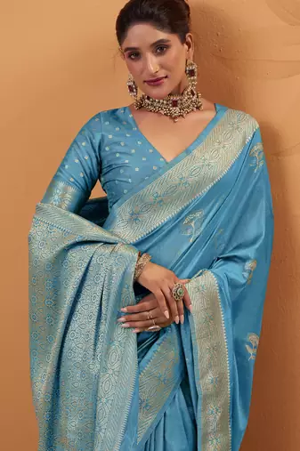 blue tissue silk blend woven saree with unstitched blouse piece