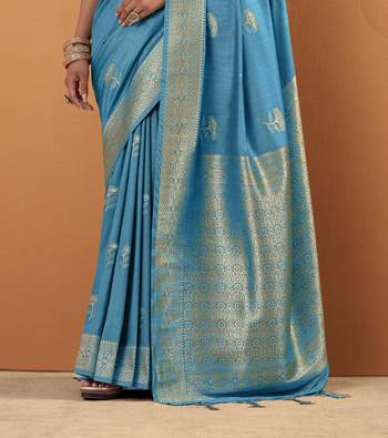 blue tissue silk blend woven saree with unstitched blouse piece 3