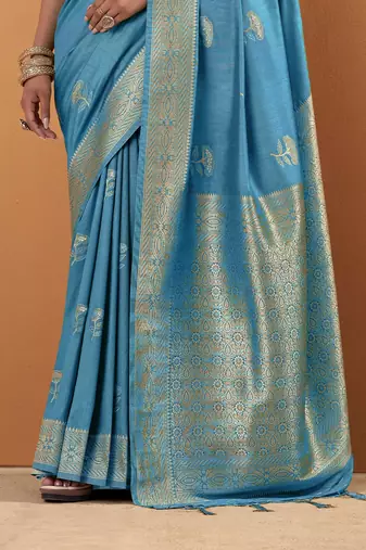 blue tissue silk blend woven saree with unstitched blouse piece