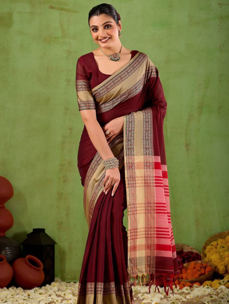 Raag varnam maroon narayanpet mercerized cotton saree