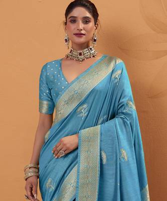 blue tissue silk blend woven saree with unstitched blouse piece 4