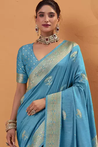 blue tissue silk blend woven saree with unstitched blouse piece