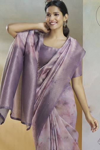lavender handloom silk blend woven saree with unstitched blouse piece
