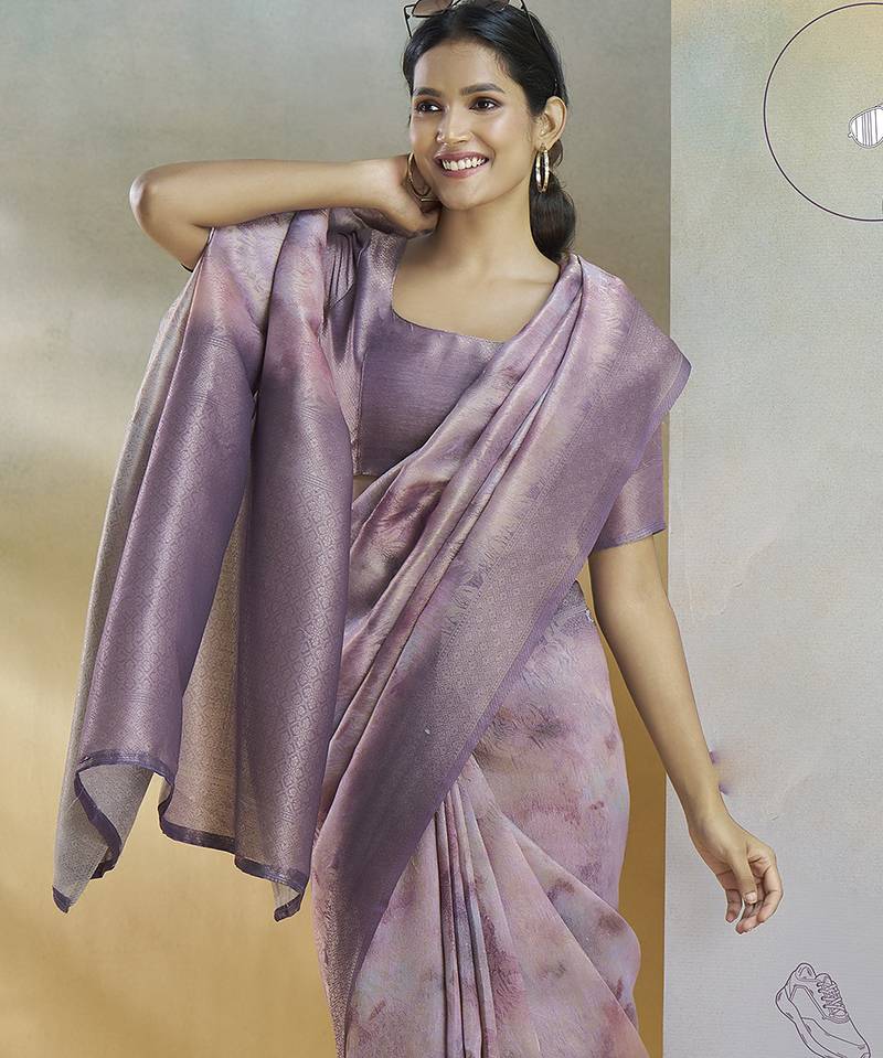lavender handloom silk blend woven saree with unstitched blouse piece
