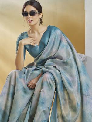 blue handloom silk blend woven saree with unstitched blouse piece 1