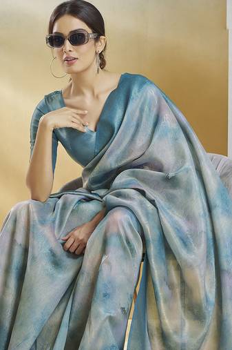 blue handloom silk blend woven saree with unstitched blouse piece