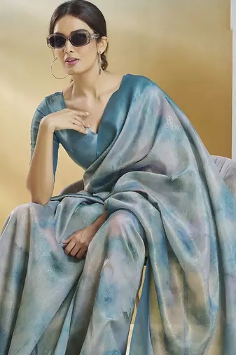 blue handloom silk blend woven saree with unstitched blouse piece