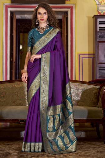 purple soft silk blend woven saree with unstitched blouse piece